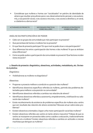 98 ı Enfoque de xénero nos proxectos de desenvolvemento e acción social
•	 Considérase que mulleres e homes son “socializados” en patróns de identidade de
xénero que resultan prexudiciais para o seu desenvolvemento persoal, a súa autono-
mía, a súa posición social, o seu acceso a recursos, o seu acceso a dereitos e, en xeral,
a cidadanía e a democracia?
ACTIVIDADES DO PROXECTO NECESIDADES PRÁCTICAS
HOMES MULLERES
INTERESES ESTRATÉXICOS
HOMBES MULLERES
Análise da participación e de poder
•	 Cales son os grupos da comunidade que máis participan no proxecto?
•	 Que porcentaxe de homes e mulleres hai no proxecto?
•	 En que fase do proxecto participan? En que nivel se pode situar a súa participación?
•	 Que diferenzas hai entre a participación dos homes e das mulleres? A que se atribúen
estas diferenzas?
•	 Como se pode avaliar a participación da comunidade no proxecto?Que factores inciden
nesta situación?
2. Deseño do proxecto: diagnóstico, obxectivos, actividades, metodoloxía, etc. Da teo-
ría á práctica
Diagnóstico:
•	 Visibilizáronse as mulleres no diagnóstico?
Obxectivos:
•	 Proponse o proxecto mellorar a condición e a posición das mulleres?
•	 Identifícanse obxectivos específicos referidos ás mulleres, partindo dos problemas de-
tectados para mellorar a súa posición na comunidade?
•	 Identifícanse obxectivos referidos a cambios nas relacións de xénero?
•	 Identifícanse obxectivos referidos a autonomía, empoderamento, visibilización ou valo-
ración das mulleres?
•	 Existe recoñecemento da existencia de problemas específicos de mulleres e/ou varóns
que son resultado das relacións de xénero existentes? Búscase actuar sobre estes pro-
blemas?
•	 Existen obxectivos orientados a lograr unha maior participación social das mulleres?
•	 Existen obxectivos referidos aos varóns en tanto xénero masculino? Trátase de que os
varóns se incorporen en proxectos tales como a saúde e a educación, tradicionalmente
dirixidos só a mulleres? Existen obxectivos referidos a cambios en actitudes e crenzas
machistas que denigran as mulleres?
 