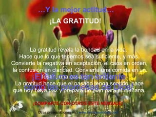 La gratitud revela la bondad en la vida.  Hace que lo que tenemos sea suficiente, y más. Convierte la negativa en aceptación, el caos en orden, la confusión en claridad. Convierte una comida en un festín, una casa en un hogar.  La gratitud hace que el pasado tenga sentido, hace que hoy haya paz y prepara un plan para el mañana. ¡COMPARTE CON OTROS ESTE MENSAJE! Otras presentaciones en: … Y la mejor actitud… ¡LA  GRATITUD! www.tommyswindow.com    ¡ El futuro es tan brillante como las promesas de Dios! 