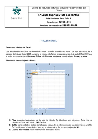 Regional Chocó
Centro de Recursos Naturales Industria y Biodiversidad del
Chocó
TALLER TECNICO EN SISTEMAS
Guía Enseñanza Excel Taller 1
Competencia: 220501046
Resultado de aprendizaje: 22050104602
TALLER 1 EXCEL
Conceptos básicos de Excel
Los documentos de Excel se denominan “libros” y están divididos en “hojas”. La hoja de cálculo es el
espacio de trabajo. Excel 2007 comparte la misma interfaz de otros programas de la suite Office 2007, por
lo tanto, encontraremos el Botón de Office y la Cinta de opciones, organizada en fichas y grupos.
Elementos de una hoja de cálculo:
4 5
3
2
1
6
7 8
1) Filas: espacios horizontales de la hoja de cálculo. Se identifican con números. Cada hoja de
cálculo de Excel 2007 tiene 1.048.576 filas.
2) Celda: es la unidad de trabajo de la hoja de cálculo. Es la intersección de una columna con una fila.
Se identifica con la letra de la columna y el número de la fila, como por ejemplo, A1.
3) Cuadro de nombres: muestra el nombre de la celda activa.
 