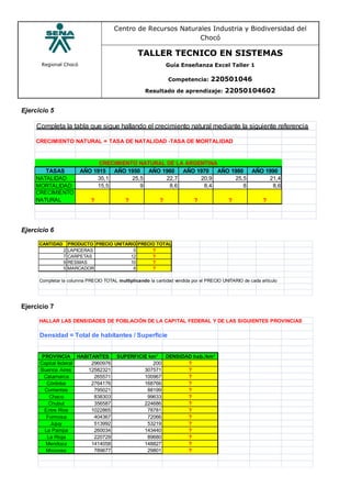 Regional Chocó
Centro de Recursos Naturales Industria y Biodiversidad del
Chocó
TALLER TECNICO EN SISTEMAS
Guía Enseñanza Excel Taller 1
Competencia: 220501046
Resultado de aprendizaje: 22050104602
Ejercicio 5
Completa la tabla que sigue hallando el crecimiento natural mediante la siguiente referencia
CRECIMIENTO NATURAL = TASA DE NATALIDAD -TASA DE MORTALIDAD
CRECIMIENTO NATURAL DE LA ARGENTINA
TASAS AÑO 1915 AÑO 1950 AÑO 1960 AÑO 1970 AÑO 1980 AÑO 1990
NATALIDAD 35,1 25,5 22,7 20,9 25,5 21,4
MORTALIDAD 15,5 9 8,6 8,4 8 8,6
CRECIMIENTO
NATURAL ? ? ? ? ? ?
Ejercicio 6
CANTIDAD PRODUCTO PRECIO UNITARIO PRECIO TOTAL
2 LAPICERAS 5 ?
7 CARPETAS 12 ?
9 RESMAS 10 ?
5 MARCADOR 8 ?
Completar la columna PRECIO TOTAL multiplicando la cantidad vendida por el PRECIO UNITARIO de cada artículo
Ejercicio 7
HALLAR LAS DENSIDADES DE POBLACIÓN DE LA CAPITAL FEDERAL Y DE LAS SIGUIENTES PROVINCIAS
Densidad = Total de habitantes / Superficie
PROVINCIA HABITANTES SUPERFICIE km2
DENSIDAD hab./km2
Capital federal 2960976 200 ?
Buenos Aires 12582321 307571 ?
Catamarca 265571 100967 ?
Córdoba 2764176 168766 ?
Corrientes 795021 88199 ?
Chaco 838303 99633 ?
Chubut 356587 224686 ?
Entre Rios 1022865 78781 ?
Formosa 404367 72066 ?
Jujuy 513992 53219 ?
La Pampa 260034 143440 ?
La Rioja 220729 89680 ?
Mendoza 1414058 148827 ?
Misiones 789677 29801 ?
 