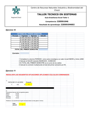Regional Chocó
Centro de Recursos Naturales Industria y Biodiversidad del
Chocó
TALLER TECNICO EN SISTEMAS
Guía Enseñanza Excel Taller 1
Competencia: 220501046
Resultado de aprendizaje: 22050104602
Ejercicio 10
Período Ingresos Egresos SALDO
$ 450.230,00 $ 125.600,00
$ 325.987,00 $ 122.350,00
$ 125.687,00 $ 97.500,00
$ 98.700,00 $ 84.900,00
$ 85.230,00 $ 42.300,00
$ 45.890,00 $ 35.400,00
Comisión:
1 Completar la columna PERÍODO como serie cronológica con valor inicial ENERO y límite JUNIO
2 Calcular el SALDO restando INGRESOS - EGRESOS
3 El TOTAL DEL PRIMER SEMESTRE es la suma de los saldos
4 Calcular la comisión multiplicando el total del primer semestre por 6%
INFORME DEL PRIMER SEMESTRE
TOTAL DEL PRIMER SEMESTRE
Ejercicio 11
RESOLVER LAS SIGUIENTES SITUACIONES APLICANDO CÁLCULOS COMBINADOS
1)
Promedio
7 4,5 8 ?
2)
Una persona tiene por día los siguientes gastos:
viáticos $ 2,50
kiosko $ 4,50
alimentos $ 15
fotocopias $ 0,50
Plantear en una sola fórmula el gasto semanal (todos los días gasta lo mismo)
Gasto
semanal ?
NOTAS DE UN ALUMNO
 