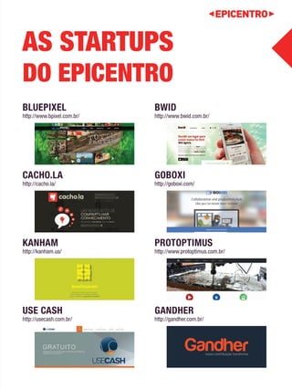 AS STARTUPS 
DO EPICENTRO 
BLUEPIXEL 
http://www.bpixel.com.br/ 
BWID 
http://www.bwid.com.br/ 
CACHO.LA 
http://cacho.la/ 
GOBOXI 
http://goboxi.com/ 
KANHAM 
http://kanham.us/ 
PROTOPTIMUS 
http://www.protoptimus.com.br/ 
USE CASH 
http://usecash.com.br/ 
GANDHER 
http://gandher.com.br/ 
nossa contribuição transforma 
 