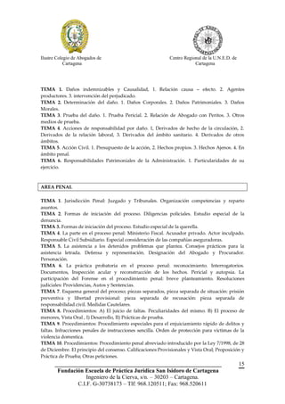 Ilustre Colegio de Abogados de                               Centro Regional de la U.N.E.D. de
            Cartagena                                                    Cartagena




TEMA 1. Daños indemnizables y Causalidad, 1. Relación causa – efecto. 2. Agentes
productores. 3. intervención del perjudicado.
TEMA 2. Determinación del daño. 1. Daños Corporales. 2. Daños Patrimoniales. 3. Daños
Morales.
TEMA 3. Prueba del daño. 1. Prueba Pericial. 2. Relación de Abogado con Peritos. 3. Otros
medios de prueba.
TEMA 4. Acciones de responsabilidad por daño. 1, Derivados de hecho de la circulación, 2.
Derivados de la relación laboral, 3. Derivados del ámbito sanitario. 4. Derivados de otros
ámbitos.
TEMA 5. Acción Civil. 1. Presupuesto de la acción, 2. Hechos propios. 3. Hechos Ajenos. 4. En
ámbito penal.
TEMA 6. Responsabilidades Patrimoniales de la Administración. 1. Particularidades de su
ejercicio.



AREA PENAL

TEMA 1. Jurisdicción Penal: Juzgado y Tribunales. Organización competencias y reparto
asuntos.
TEMA 2. Formas de iniciación del proceso. Diligencias policiales. Estudio especial de la
denuncia.
TEMA 3. Formas de iniciación del proceso. Estudio especial de la querella.
TEMA 4. La parte en el proceso penal: Ministerio Fiscal. Acusador privado. Actor inculpado.
Responsable Civil Subsidiario. Especial consideración de las compañías aseguradoras.
TEMA 5. La asistencia a los detenidos problemas que plantea. Consejos prácticos para la
asistencia letrada. Defensa y representación. Designación del Abogado y Procurador.
Personación.
TEMA 6. La práctica probatoria en el proceso penal: reconocimiento. Interrogatorios.
Documentos, Inspección acular y reconstrucción de los hechos. Pericial y autopsia. La
participación del Forense en el procedimiento penal: breve planteamiento. Resoluciones
judiciales: Providencias, Autos y Sentencias.
TEMA 7. Esquema general del proceso; piezas separados, pieza separada de situación: prisión
preventiva y libertad provisional: pieza separada de recusación: pieza separada de
responsabilidad civil. Medidas Cautelares.
TEMA 8. Procedimientos: A) El juicio de faltas. Peculiaridades del mismo. B) El proceso de
menores, Vista Oral , I) Desarrollo, II) Prácticas de prueba.
TEMA 9. Procedimientos: Procedimiento especiales para el enjuiciamiento rápido de delitos y
faltas. Infracciones penales de instrucciones sencilla. Orden de protección para victimas de la
violencia domestica.
TEMA 10. Procedimientos: Procedimiento penal abreviado introducido por la Ley 7/1998, de 28
de Diciembre. El principio del consenso. Calificaciones Provisionales y Vista Oral; Proposición y
Práctica de Prueba; Otras peticiones.
       __________________________________________________________                                15
        Fundación Escuela de Práctica Jurídica San Isidoro de Cartagena
                   Ingeniero de la Cierva, s/n. – 30203 – Cartagena.
               C.I.F. G-30738173 – Tlf: 968.120511; Fax: 968.520611
 