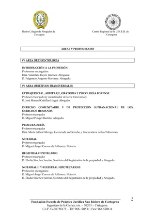 Ilustre Colegio de Abogados de                             Centro Regional de la U.N.E.D. de
            Cartagena                                                  Cartagena




                                 AREAS Y PROFESORADO



(*) AREA DE DEONTOLOGIA

INTRODUCCIÓN A LA PROFESIÓN
Profesores encargados:
Dña. Valentina Dayer Jiménez. Abogada.
D. Fulgencio Angosto Martínez. Abogado.

(*) AREA OBJETIVOS TRANSVERSALES

EXTRAJUDICIAL, ARBITRAJE, ORATORIA Y PSICOLOGÍA FORENSE
Profesor encargado (y coordinador del área transversal):
D. José Manuel Cubillas Huget. Abogado.

DERECHO COMUNITARIO Y DE                   PROTECCIÓN        SUPRANACIONAL          DE    LOS
DERECHOS HUMANOS
Profesor encargado:
D. Miguel Pouget Bastida, Abogado.

PROCURADURÍA
Profesor encargado:
Dña. Marta Aldea Fábrega. Licenciada en Derecho y Procuradora de los Tribunales.

NOTARIAL
Profesor encargado:
D. Miguel Ángel Cuevas de Aldasoro. Notario.

REGISTRAL HIPOTECARIO
Profesor encargado:
D. Eladio Sánchez Sarrión, Sustituto del Registrador de la propiedad y Abogado.

NOTARIAL II Y REGISTRAL HIPOTECARIO II
Profesores encargados:
D. Miguel Ángel Cuevas de Aldasoro. Notario.
D. Eladio Sánchez Sarrión, Sustituto del Registrador de la propiedad y Abogado.




       __________________________________________________________                              5
        Fundación Escuela de Práctica Jurídica San Isidoro de Cartagena
                   Ingeniero de la Cierva, s/n. – 30203 – Cartagena.
               C.I.F. G-30738173 – Tlf: 968.120511; Fax: 968.520611
 