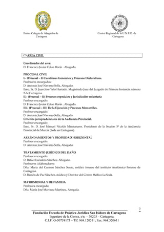 Ilustre Colegio de Abogados de                            Centro Regional de la U.N.E.D. de
            Cartagena                                                 Cartagena




(*) AREA CIVIL

Coordinador del area:
D. Francisco Javier Colao Marín . Abogado.

PROCESAL CIVIL
I.- (Procesal – I) Cuestiones Generales y Procesos Declarativos.
Profesores encargados:
D. Antonio José Navarro Selfa, Abogado.
Ilmo. Sr. D. Juan José Yelo Hurtado. Magistrado Juez del Juzgado de Primera Instancia número
2 de Cartagena.
II.- (Procesal – II) Procesos especiales y Jurisdicción voluntaria
Profesor encargado:
D. Francisco Javier Colao Marín . Abogado.
III.- (Procesal – III) De la Ejecución y Procesos Mercantiles.
Profesor encargado:
D. Antonio José Navarro Selfa, Abogado.
Criterios jurisprudenciales de la Audiencia Provincial.
Profesor encargado:
Ilmo. Sr. D. José Manuel Nicolás Manzanares. Presidente de la Sección 5ª de la Audiencia
Provincial de Murcia (Sede en Cartagena).

ARRENDAMIENTOS Y PROPIEDAD HORIZONTAL
Profesor encargado:
D. Antonio José Navarro Selfa, Abogado.

TRATAMIENTO JURÍDICO DEL DAÑO
Profesor encargado:
D. Rafael Escudero Sánchez. Abogado.
Profesores colaboradores:
Dña. María del Carmen Sánchez Senac, médico forense del instituto Anatómico Forense de
Cartagena.
D. Ramón de Paz Sánchez, médico y Director del Centro Médico La Seda.

MATRIMONIAL Y DE FAMILIA
Profesora encargada:
Dña. María José Martínez Martínez, Abogada.




       __________________________________________________________                             7
        Fundación Escuela de Práctica Jurídica San Isidoro de Cartagena
                   Ingeniero de la Cierva, s/n. – 30203 – Cartagena.
               C.I.F. G-30738173 – Tlf: 968.120511; Fax: 968.520611
 