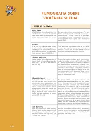 FILMOGRAFIA SOBRE
VIOLÊNCIA SEXUAL
1. SOBRE ABUSO SEXUAL
Abuso sexual
ULTIMATE betrayal. Direção: Donald Wrye. Intérpretes: Marlo Thomas, Mel Harris, Eileen Heckart.
Estados Unidos, Hearst Entertainment Productions,
Polongo Pictures, Power Pictures, 1994. (95 min)

Drama baseado em fatos reais produzido para TV a cabo.
Contado em flashback, revela a história de três irmãs que se
sentem obrigadas a processar o próprio pai por abuso sexual,
cometido quando ainda eram crianças. Legenda no final do filme
esclarece que o fato chocou a opinião pública americana. Não
era para menos!

Acusados
THE ACCUSED. Direção: Jonathan Kaplan. Produção:
Stanley R. Jaffe e Sherry Lansing. Intérpretes: Jodie
Foster, Kelly McGillis, Bernie Coulson, Leo Rossi,
Carmen Argenziano. Roteiro: Tom Topor. Estados
Unidos, Paramount Pictures, 1988. (105 min)

Sarah Tobias (Jodie Foster) é estuprada em um bar e, ao denunciar a agressão, defronta-se com dois problemas: seus
agressores e o sistema penal, no qual as vítimas de estupro são
vistas como suspeitas e corresponsáveis pelo crime.

A sombra da dúvida
L’OMBRE du doute. Direção: Aline Issermann. Intérpretes: Mireille Perrier, Alain Bashung, Sandrine
Blancke. França, CiBy 2000, TF1 Films Production,
1993. (107 min)

Produção francesa que retrata uma família “aparentemente”
saudável composta por pai, mãe, uma filha de 12 anos, um filho
de 3 anos e os avós maternos. Seu argumento gira em torno de
uma suspeita de abuso sexual por parte do pai com a filha.
Os indícios são notados pela professora, que aborda a adolescente sobre os sinais percebidos. As suspeitas de ocorrência de
abuso vão se confirmando, apesar das negativas do pai, inclusive as de que também estaria abusando do filho de 3 anos de
idade. No final, ele se declara culpado em meio a lembranças do
abuso que sofreu quando criança.

Crianças invisíveis
ALL the invisible children. Direção: Mehdi Charef,
Kátia Lund, John Woo. Produção: Maria Grazia
Cucinotta, Chiara Tilesi e Stefano Veneruso. Intérpretes: Francisco Anawake, Maria Grazia Cucinotta,
Damaris Edwards, Vera Fernandez, Hazelle
Goodman. Roteiro: Mehdi Charef, Diogo de Silva,
Stribor Kusturica, Cinqué Lee, Joie Lee, Spike Lee,
Qiang Li, Kátia Lund, Jordan Scott e Stefano
Veneruso. Itália, Rai Cinemafiction, MK Film Productions, 2005. (116 min)

Filme lançado em 2005, durante o Festival de Veneza, na Itália,
reúne sete curtas-metragens realizados no Brasil, Itália, Inglaterra,
Sérvia e Montenegro, Burkina Faso, China e Estados Unidos,
dirigidos por cineastas consagrados, como o chinês John Woo,
o inglês Ridley Scott, o americano Spike Lee, o iugoslavo Emir
Kusturica e a brasileira Kátia Lund. O objetivo do projeto é
chamar a atenção de governos e sociedade civil para os
milhares de crianças e adolescentes excluídos e invisíveis do
mundo: jovens afetados pelo HIV, jovens que vivem sem suas
famílias, jovens que participam de confrontos armados, jovens
discriminados por fatores raciais ou étnicos, crianças e jovens
abusados. “Acredito que o cinema pode contribuir com muito
mais para um mundo melhor do que apenas diversão”, disse a
italiana Chiara Tilesi, coordenadora-geral do projeto, que obteve
apoio da UNICEF e ONU/Food and Agriculture Organization (FAO).

Festa de família
DOGME 1 – Festen. Direção: Thomas Vinterberg.
Intérpretes: Ulrich Thomsen, Henning Moritzen,
Thomas Bo Larsen. Dinamarca, Nimbus Film
Productions, Danmarks Radio (DR), Nordisk Film& TV-Fond, 1998. (106 min)

228

Patriarca (Henning Moritzen) de família dina mar quesa
comemora 60 anos em grande estilo, reunindo toda a família
em seu hotel. Mas uma revelação de abuso sexual intrafamiliar, feita
por seu filho, pode estragar a festa.

 