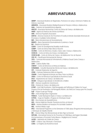 ABREVIATURAS
ABMP – Associação Brasileira de Magistrados, Promotores de Justiça e Defensores Públicos da
Infância e Juventude
ABRAPIA – Associação Brasileira Multiprofissional de Proteção à Infância e Adolescência
Aids – Síndrome da imunodeficiência adquirida
ANCED – Associação Nacional dos Centros de Defesa da Criança e do Adolescente
ANDI – Agência de Notícias dos Direitos da Infância
APA – American Psychiatric Association
ASPCA – American Society for the Prevention of Cruelty to Animals (Sociedade Americana de
Prevenção à Crueldade Contra Animais)
BID – Banco Interamericano de Desenvolvimento
BNDES – Banco Nacional do Desenvolvimento Econômico e Social
BO – Boletim de Ocorrência
CDDH – Centre for Developmental Disability Health Victoria
CDMP – Centro de Defesa Padre Marcos Passerini
CECRIA – Centro de Referência, Estudos e Ações sobre Crianças e Adolescentes
CEDECA – Centro de Defesa da Criança e do Adolescente
CEDECA-BA – Centro de Defesa da Criança e do Adolescente Yves de Roussan
CID-10 – Classificação Internacional de Doenças
CIES – Comissão Intersetorial de Enfrentamento à Violência Sexual Contra Crianças e
Adolescentes
CMV – Coletivo Mulher Vida
CNRVV – Centro de Referência às Vítimas de Violência
CONANDA – Conselho Nacional dos Direitos da Criança e do Adolescente
CPI – Comissão Parlamentar de Inquérito
CPMI – Comissão Parlamentar Mista de Inquérito
CRAMI – Centro Regional de Atenção aos Maus-Tratos na Infância
CREA – Centro de Referência Especializado de Assistência Social
DCA – Departamento da Criança e do Adolescente
DEAM – Delegacia Especializada no Atendimento à Mulher
DST – Doenças sexualmente transmissíveis
ECA – Estatuto da Criança e do Adolescente
ECPAT – End Child Prostitution, Child Pornography and Trafficking of Children for Sexual
Purposes (Fim da Prostituição e da Pornografia Infantis e do Tráfico de Crianças para Fins Sexuais)
EqP – Projeto Escola que Protege
FAO – Food and Agriculture Organization
FMACA – Fundo Municipal de Apoio à Criança e ao Adolescente
GTPOS – Grupo de Trabalho e Pesquisa em Orientação Sexual
HIV – Vírus humano da imunodeficiência
IAD – Internet Addiction Disorder (Transtorno do Vício em Internet)
IBISS – Instituto Brasileiro de Inovações Pró-sociedade Saudável
IML – Instituto Médico Legal
IPEC – International Programme on the Elimination of Child Labour (Programa Internacional para
a Eliminação do Trabalho Infantil)
IRC – Internet Relay Chat (Retransmissão de Bate-Papo na Internet)
ISPCAN – International Society for the Prevention of Child Abuse and Neglect (Sociedade
Internacional para a Prevenção Contra Abusos e Negligência de Crianças)
LACRI – Laboratório de Estudos da Criança
LGBT – Lésbicas, Gays, Bissexuais e Transexuais
LOAS – Lei Orgânica da Assistência Social

238

 