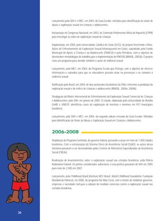 Lançamento pela SDH e o MEC, em 2003, do Guia Escolar: métodos para identificação de sinais de
abuso e exploração sexual em crianças e adolescentes.
Instauração no Congresso Nacional, em 2003, de Comissão Parlamentar Mista de Inquérito (CPMI)
para investigar as redes de exploração sexual de crianças.
Implantação, em 2004, pela Universidade Católica de Goiás (UCG), do projeto Invertendo a Rota:
Ações de Enfrentamento da Exploração Sexual Infantojuvenil em Goiás, subsidiado pelo Fundo
Municipal de Apoio à Criança e ao Adolescente (FMACA) e pela Petrobras, com o objetivo de
desenvolver metodologias de trabalho para a implementação do PNEVSIJ (BRASIL, 2002b). O projeto
criou um programa para atender também o autor de violência sexual.
Lançamento, pelo MEC, em 2004, do Programa Escola que Protege, com o objetivo de oferecer
informações e subsídios para que os educadores possam atuar na prevenção e no combate à
violência sexual.
Ratificação pelo Brasil, em 2004, de dois protocolos facultativos da ONU, referentes à proibição da
exploração sexual e do tráfico de crianças e adolescentes (BRASIL, 2004a, 2004b).
Divulgação da Matriz Intersetorial de Enfrentamento da Exploração Sexual Comercial de Crianças
e Adolescentes, pela SDH, em janeiro de 2005. O estudo, elaborado pela Universidade de Brasília
(UnB) e UNICEF, identificou casos de exploração de meninas e meninos em 937 municípios
brasileiros.
Lançamento, pela SDH e MEC, em 2004, da segunda edição revisada do Guia Escolar: Métodos
para Identificação de Sinais de Abuso e Exploração Sexual em Crianças e Adolescentes.

2006-2008
Ampliação do Programa Sentinela, do governo federal, passando a atuar em mais de 1.000 cidades
brasileiras. Com a estruturação do Sistema Único de Assistência Social (SUAS), as ações dessa
iniciativa passaram a ser desenvolvidas pelos Centros de Referência Especializados de Assistência
Social (CREAs).
Realização de levantamentos sobre a exploração sexual nas estradas brasileiras, pela Polícia
Rodoviária Federal. Os pontos considerados vulneráveis a essa prática passaram de 844 em 2005
para mais de 2.000 em 2007.
Lançamento, pela Childhood Brasil (Instituto WCF-Brasil, World Childhood Foundation, Fundação
Mundial da Infância), em 2006, do programa Na Mão Certa, com o intuito de mobilizar governos,
empresas e sociedade civil para a adoção de medidas concretas contra a exploração sexual nas
estradas brasileiras.

36

 