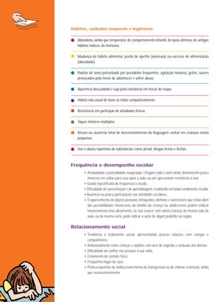 Hábitos, cuidados corporais e higiênicos
Abandono, ainda que temporário, de comportamento infantil, de laços afetivos, de antigos
hábitos lúdicos, de fantasias.
Mudança de hábito alimentar, perda de apetite (anorexia) ou excesso de alimentação
(obesidade).
Padrão de sono perturbado por pesadelos frequentes, agitação noturna, gritos, suores
provocados pelo terror de adormecer e sofrer abuso.
Aparência descuidada e suja pela relutância em trocar de roupa.
Hábito não usual de lavar as mãos compulsivamente.
Resistência em participar de atividades físicas.
Tiques motores múltiplos.
Atraso ou ausência total de desenvolvimento da linguagem verbal em crianças muito
pequenas.
Uso e abuso repentino de substâncias como álcool, drogas lícitas e ilícitas.

Frequência e desempenho escolar
• Assiduidade e pontualidade exageradas. Chegam cedo e saem tarde, demonstram pouco
interesse em voltar para casa após a aula, ou até apresentam resistência a isso.
• Queda injustificada de frequência à escola.
• Dificuldade de concentração e de aprendizagem, resultando em baixo rendimento escolar.
• Ausência ou pouca participação nas atividades escolares.
• O aparecimento de objetos pessoais, brinquedos, dinheiro e outros bens que estão além
das possibilidades financeiras da família da criança ou adolescente podem indicar
favorecimento e/ou aliciamento. Se isso ocorrer com várias crianças da mesma sala de
aula, ou da mesma série, pode indicar a ação de algum pedófilo na região.

Relacionamento social
• Tendência a isolamento social, apresentando poucas relações com colegas e
companheiros.
• Relacionamento entre crianças e adultos com ares de segredo e exclusão dos demais.
• Dificuldade de confiar nas pessoas à sua volta.
• Evitamento de contato físico.
• Frequentes fugas de casa.
• Prática repentina de delitos como forma de transgressão ou de chamar a atenção, ainda
que inconscientemente.

 