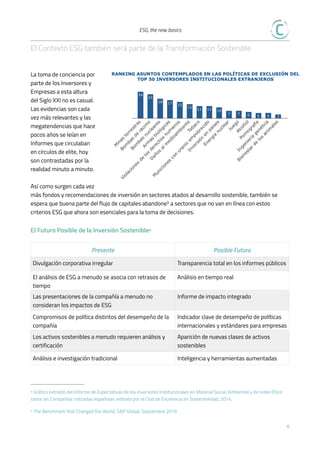  
ESG, the new basics

El Contexto ESG también será parte de la Transformación Sostenible
La toma de conciencia por
parte de los Inversores y
Empresas a esta altura
del Siglo XXI no es casual.
Las evidencias son cada
vez más relevantes y las
megatendencias que hace
pocos años se leían en
Informes que circulaban
en círculos de elite, hoy
son contrastadas por la
realidad minuto a minuto.
 
Así como surgen cada vez
más fondos y recomendaciones de inversión en sectores atados al desarrollo sostenible, también se
espera que buena parte del flujo de capitales abandone a sectores que no van en línea con estos3
criterios ESG que ahora son esenciales para la toma de decisiones.
El Futuro Posible de la Inversión Sostenible  4
Presente Posible Futuro
Divulgación corporativa irregular Transparencia total en los informes públicos
El análisis de ESG a menudo se asocia con retrasos de
tiempo
Análisis en tiempo real
Las presentaciones de la compañía a menudo no
consideran los impactos de ESG
Informe de impacto integrado
Compromisos de política distintos del desempeño de la
compañía
Indicador clave de desempeño de políticas
internacionales y estándares para empresas
Los activos sostenibles a menudo requieren análisis y
certificación
Aparición de nuevas clases de activos
sostenibles
Análisis e investigación tradicional Inteligencia y herramientas aumentadas
Gráfico extraído del Informe de Expectativas de los Inversores Institucionales en Material Social, Ambiental y de orden Ético3
sobre las Compañías cotizadas españolas, editado por el Club de Excelencia en Sostenibilidad, 2014.
The Benchmark that Changed the World, S&P Global, Septiembre 20194
!6
 