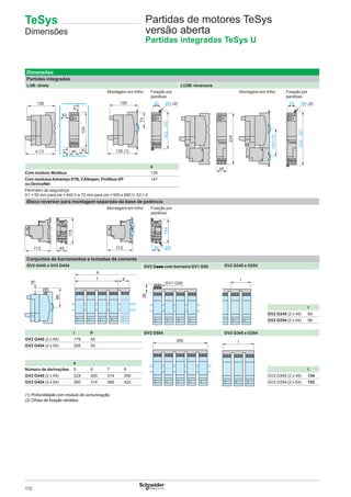 112
Partidas de motores TeSys
versão aberta
Partidas integradas TeSys U
Dimensões
Partidas integradas
LUB: direta LU2B: reversora
Montagem em trilho Fixação por
parafuso
Montagem em trilho Fixação por
parafuso
126
a (1)
154
X1
X1
45
X2
X2
a
Com módulo Modbus 135
Com módulosAdvantys STB, CANopen, Proﬁbus DP
ou DeviceNet
147
Perímetro de segurança:
X1 = 50 mm para Ue = 440 V e 70 mm para Ue = 500 e 690 V, X2 = 0
Bloco reversor para montagem separada da base de potência
Montagem em trilho Fixação por
parafuso
45113
115
113 36
104
Ø4
Conjuntos de barramentos e tomadas de corrente
GV2 G445 e GV2 G454 GV2 Gppp com borneira GV1 G09 GV2 G245 e G254
I
GV2 G245 (2 x 45) 89
GV2 G254 (2 x 54) 98
I P GV2 G554 GV2 G345 e G354
GV2 G445 (2 x 45) 179 45 260 l
GV2 G454 (2 x 54) 206 54
a
Número de derivações 5 6 7 8 I
GV2 G445 (2 x 45) 224 269 314 359 GV2 G345 (2 x 45) 134
GV2 G454 (2 x 54) 260 314 368 422 GV2 G354 (2 x 54) 152
(1) Profundidade com módulo de comunicação.
(2) Olhais de ﬁxação retráteis.
TeSys
Dimensões
 