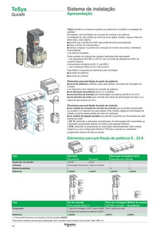 118
TeSys
Quickﬁt
Sistema de instalação
Apresentação
TeSys Quickﬁt é um sistema modular que padroniza e simpliﬁca a instalação de
partidas
de motores, com pré-ﬁação dos circuitos de controle e de potência.
A instalação de uma partida de motor torna-se rápida, simples, segura e ﬂexível.
Além disso, este sistema:
b permite que a partida de motor seja posteriormente personalizada,
b reduz o tempo de manutenção e
b otimiza o espaço no painel com a redução do número de bornes e interfaces
intermediárias
e do total de canaletas.
Estas partidas de motores são aquelas realizadas pela associação:
– dos disjuntores GV2 ME ou GV3 P, com um limite de utilização em 80% da
corrente máxima
à temperatura ambiente de 60 °C, até 690 V
– com contatores TeSys D (LC1) de 9 a 65 A.
Esta oferta é composta por elementos para pré-ﬁação
b da parte de potência,
b da parte de controle.
Elementos para pré-ﬁação da parte de potência
b um kit de potência contendo, para cada partida, uma placa de montagem do
contator
e do disjuntor e dois módulos de conexão de potência,
b um derivador de potência para 2 ou 4 partidas,
b uma borneira de entrada para alimentação de potência até 60 A (16 mm2
),
b uma borneira de saída para conexão dos cabos de alimentação do motor e os
cabos de aterramento (6 mm2
).
Elementos para pré-ﬁação da parte de controle
b um módulo de conexão do circuito de controle que se encaixa diretamente
no contator e no disjuntor de cada partida. Este módulo integra as informações de
estado e controle desta partida de motor em particular.
b um módulo de ligação paralela que permite concentrar as informações de cada
partida de motor:
v HE 10, destinado a aplicações centralizadas. As informações são transmitidas ao
controlador programável através do sistema pré-cabeado Modicon.
v STB, destinado às arquiteturas de automação descentralizadas. Este módulo
integra-se a uma conﬁguração Modicon STB para conexão ao controlador
programável através da rede de campo.
Elementos para pré-ﬁação de potência 9…25 A
Tipo Borneira Derivador de potência 60 A
De entrada De saída Extensão por LAD32p
Seção máx. de conexão 16 mm2
6 mm2
– –
Utilização Alimentação derivadores Cabos de motores – –
Número de partidas – – 2 4
Referência LAD3B1 LAD331 LAD322 LAD324
Tipo Kit de conexão Placa de montagem Módulo de conexão
Para partida direta (1) GV2 ME e contator de potência
Composição 1 placa de montagem LAD311 para GV2ME Para 1 partida de motor
2 módulos de conexão de potência LAD341
Referência LAD252 LAD311 LAD341
(1) Para partida reversora, encomendar 2 kits de conexão LAD252
* Para outros modelos e auxílio para conﬁguração, favor consultar nosso Customer Care Center: 0800 7289 110
 