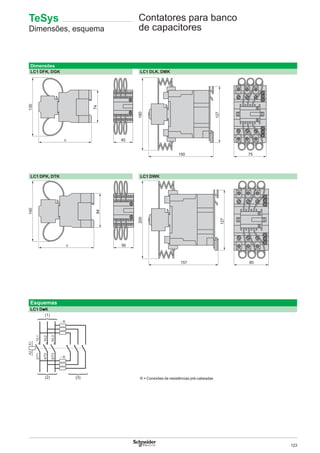 123
Contatores para banco
de capacitores
Dimensões
LC1 DFK, DGK LC1 DLK, DMK
LC1 DPK, DTK LC1 DWK
TeSys
Dimensões, esquema
Esquemas
LC1 DpK
}
}
}
R = Conexões de resistências pré-cabeadas
 