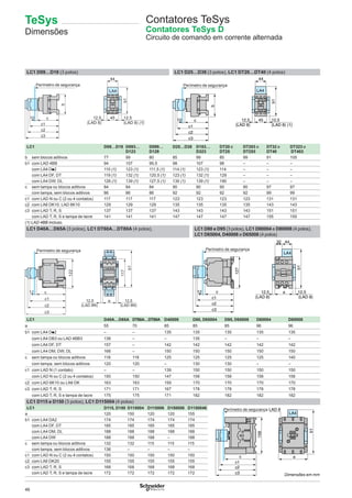 46
LC1 D09…D18 (3 polos) LC1 D25…D38 (3 polos), LC1 DT20…DT40 (4 polos)
LC1 D09…D18 D093…
D123
D099…
D129
D25…D38 D183…
D323
DT20 e
DT25
DT203 e
DT253
DT32 e
DT40
DT323 e
DT403
b sem blocos aditivos 77 99 80 85 99 85 99 91 105
b1 com LAD 4BB 94 107 95,5 98 107 98 – – –
com LA4 Dp2 110 (1) 123 (1) 111,5 (1) 114 (1) 123 (1) 114 – – –
com LA4 DF, DT 119 (1) 132 (1) 120,5 (1) 123 (1) 132 (1) 129 – – –
com LA4 DW, DL 126 (1) 139 (1) 127,5 (1) 130 (1) 139 (1) 190 – – –
c sem tampa ou blocos aditivos 84 84 84 90 90 90 90 97 97
com tampa, sem blocos aditivos 86 86 86 92 92 92 92 99 99
c1 com LAD N ou C (2 ou 4 contatos) 117 117 117 123 123 123 123 131 131
c2 com LA6 DK10, LAD 6K10 129 129 129 135 135 135 135 143 143
c3 com LAD T, R, S 137 137 137 143 143 143 143 151 151
com LAD T, R, S e tampa de lacre 141 141 141 147 147 147 147 155 155
(1) LAD 4BB incluso.
LC1 D40A…D65A (3 polos), LC1 DT60A…DT80A (4 polos), LC1 D80 e D95 (3 polos), LC1 D80004 e D80008 (4 polos),
LC1 D65004, D40008 e D65008 (4 polos)
117
122
a
(LAD 8N) (LAD 8N)
12,5c1
c2
c3
b1
12 c
12,5
Perímetro de segurança
LC1 D40A…D65A DT60A…DT80A D40008 D80, D65004 D95, D65008 D80004 D80008
a 55 70 85 85 85 96 96
b1 com LA4 Dp2 – – 135 135 135 135 135
com LA4 DB3 ou LAD 4BB3 136 – – 135 – – –
com LA4 DF, DT 157 – 142 142 142 142 142
com LA4 DM, DW, DL 166 – 150 150 150 150 150
c sem tampa ou blocos aditivos 118 118 125 125 125 125 140
com tampa, sem blocos aditivos 120 120 – 130 130 – –
c1 com LAD N (1 contato) – – 139 150 150 150 150
com LAD N ou C (2 ou 4 contatos) 150 150 147 158 158 158 158
c2 com LAD 6K10 ou LA6 DK 163 163 159 170 170 170 170
c3 com LAD T, R, S 171 171 167 178 178 178 178
com LAD T, R, S e tampa de lacre 175 175 171 182 182 182 182
LC1 D115 e D150 (3 polos), LC1 D115004 (4 polos)
LC1 D115, D150 D115004 D115006 D150006 D1150046
a 120 150 120 120 155
b1 com LA4 DA2 174 174 174 174 174
com LA4 DF, DT 185 185 185 185 185
com LA4 DM, DL 188 188 188 188 188
com LA4 DW 188 188 188 – 188
c sem tampa ou blocos aditivos 132 132 115 115 115
com tampa, sem blocos aditivos 136 – – – –
c1 com LAD N ou C (2 ou 4 contatos) 150 150 150 150 150
c2 com LA6 DK20 155 155 155 155 155
c3 com LAD T, R, S 168 168 168 168 168
com LAD T, R, S e tampa de lacre 172 172 172 172 172
(LAD 8) (LAD 8) (1)
b
c10
c1
c2
c3
45 12,512,5
b1
44
LA4
(LAD 8)
b
45 12,5
(LAD 8) (1)
12,5
b1
44
LA4
c10
c1
c2
c3
Perímetro de segurança
12,5
(LAD 8) (LAD 8)
127
b1
a 12,5
4432
LA4
c12
c1
c2
c3
Perímetro de segurança
158
c a
c1
c2
c3
b1
LAD 8
LA4
10
Perímetro de segurança
Contatores TeSys
Contatores TeSys D
Circuito de comando em corrente alternada
Perímetro de segurança
Dimensões em mm
TeSys
Dimensões
 