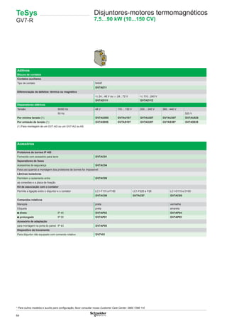 64
Aditivos
Blocos de contatos
Contatos auxiliares
Tipo de contato NANF
GV7AE11
Diferenciação de defeitos: térmico ou magnético
z 24…48 V ou c 24…72 V z 110…240 V
GV7AD111 GV7AD112
Disparadores elétricos
Tensão 50/60 Hz 48 V 110… 130 V 200… 240 V 380…440 V
50 Hz 525 V
Por mínima tensão (1) GV7AU055 GV7AU107 GV7AU207 GV7AU387 GV7AU525
Por emissão de tensão (1) GV7AS055 GV7AS107 GV7AS207 GV7AS387 GV7AS525
(1) Para montagem de um GV7-AD ou um GV7-AU ou AS
Acessórios
Protetores de bornes IP 405
Fornecido com acessório para lacre GV7AC01
Separadores de fases
Acessórios de segurança GV7AC04
Para uso quando a montagem dos protetores de bornes for impossível
Lâminas isoladoras
Permitem o isolamento entre GV7AC05
as conexões e a placa de ﬁxação
Kit de associação com o contator
Permite a ligação entre o disjuntor e o contator LC1-F115 a F185 LC1-F225 e F26 LC1-D115 e D150
GV7AC06 GV7AC07 GV7AC08
Comandos rotativos
Manopla preta vermelha
Etiqueta preta amarela
■ direto IP 40 GV7AP03 GV7AP04
■ prolongado IP 55 GV7AP01 GV7AP02
Acessório de adaptação
para montagem na porta do painel IP 43 GV7AP05
Dispositivo de travamento
Para disjuntor não equipado com comando rotativo GV7V01
TeSys
GV7-R
Disjuntores-motores termomagnéticos
7,5…90 kW (10...150 CV)
* Para outros modelos e auxílio para conﬁguração, favor consultar nosso Customer Care Center: 0800 7289 110
 