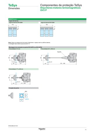 71
GV3 P (Cont.)
Jogos de barras
Jogos de barras GV3 G264 Jogos de barras GV3 G364
119
16
183
16
Nota: Deixar um espaço de 9 mm entre 2 disjuntores - espaço vazio ou aditivos laterais.
A montagem lado a lado é possível até 40 °C.
Montagem do comando na porta GV3 AP01 ou GV3 AP02
Profundidade 131 mm Profundidade 231 a 390 mm
13153
65
1,5...5
231…39053
65
1,5...5
Suporte
Profundidade 177 a 230 mm
177…23053
65
1,5...5
Furação da porta
54
= =
==
54
4xØ3,5
Ø43
Componentes de proteção TeSys
Disjuntores-motores termomagnéticos
GV3 P
Dimensões em mm
TeSys
Dimensões
 