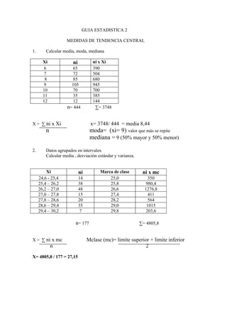 GUIA ESTADISTICA 2

                    MEDIDAS DE TENDENCIA CENTRAL

1.       Calcular media, moda, mediana

       Xi              ni          ni x Xi
        6              65          390
        7              72          504
        8              85          680
        9             105          945
       10              70          700
       11              35          385
       12              12          144
                    n= 444          ∑= 3748


X = ∑ ni x Xi                     x= 3748/ 444 = media 8,44
         n                        moda= (xi= 9) valor que más se repite
                                  mediana = 9 (50% mayor y 50% menor)

2.       Datos agrupados en intervalos
         Calcular media , desviación estándar y varianza.


         Xi                 ni         Marca de clase        ni x mc
     24,6 - 25,4            14             25,0                 350
     25,4 – 26,2            38             25,8                980,4
     26,2 – 27,0            48             26,6               1276,8
     27,0 – 27,8            15             27,4                 411
     27,8 – 28,6            20             28,2                 564
     28,6 – 29,4            35             29,0                1015
     29,4 – 30,2             7             29,8                203,6

                         n= 177                             ∑= 4805,8


X = ∑ ni x mc                    Mclase (mc)= limite superior + limite inferior
             n                                             2

X= 4805,8 / 177 = 27,15
 