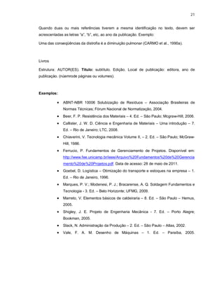 21


Quando duas ou mais referências tiverem a mesma identificação no texto, devem ser
acrescentadas as letras “a”, “b”, etc, ao ano da publicação. Exemplo:

Uma das conseqüências da distrofia é a diminuição pulmonar (CARMO et al., 1990a).



Livros

Estrutura: AUTOR(ES). Título: subtítulo. Edição. Local de publicação: editora, ano de
publicaçào. (núemrode páginas ou volumes).



Exemplos:

             ABNT-NBR 10006 Solubização de Resíduos – Associação Brasileiras de
              Normas Técnicas; Fórum Nacional de Normatização, 2004.
             Beer, F. P. Resistência dos Materiais – 4. Ed. – São Paulo; Mcgraw-Hill, 2006.
             Callister, J. W. D. Ciência e Engenharia de Materiais – Uma introdução – 7.
              Ed. – Rio de Janeiro; LTC, 2008.
             Chiaverini, V. Tecnologia mecânica Volume II, – 2. Ed. – São Paulo; McGraw-
              Hill, 1986.
             Ferrucio, P. Fundamentos de Gerenciamento de Projetos. Disponível em:
              http://www.fee.unicamp.br/ieee/Arquivo%20Fundamentos%20de%20Gerencia
              mento%20de%20Projetos.pdf. Data de acesso: 28 de maio de 2011.
             Goebel, D. Logística – Otimização do transporte e estoques na empresa – 1.
              Ed. – Rio de Janeiro, 1996.
             Marques, P. V.; Modenesi, P. J.; Bracarense, A. Q. Soldagem Fundamentos e
              Tecnologia - 3. Ed. – Belo Horizonte; UFMG, 2009.
             Marreto, V. Elementos básicos de caldeiraria – 8. Ed. – São Paulo – Hemus,
              2005.
             Shigley, J. E. Projeto de Engenharia Mecânica - 7. Ed. – Porto Alegre;
              Bookman, 2005.
             Slack, N. Administração da Produção – 2. Ed. – São Paulo – Atlas, 2002.
             Vale, F. A. M. Desenho de Máquinas – 1. Ed. – Paraíba, 2005.
 
