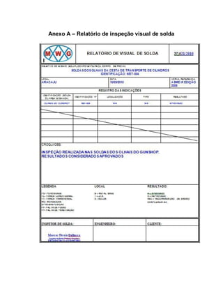 Anexo A – Relatório de inspeção visual de solda
 