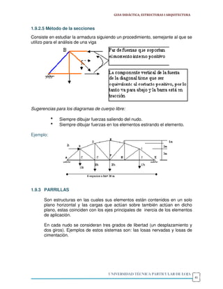 GUIA DIDÁCTICA; ESTRUCTURAS I ARQUITECTURA



1.9.2.5 Método de la secciones
Consiste en estudiar la armadura siguiendo un procedimiento, semejante al que se
utilizo para el análisis de una viga




Sugerencias para los diagramas de cuerpo libre:

           *   Siempre dibujar fuerzas saliendo del nudo.
           *   Siempre dibujar fuerzas en los elementos estirando el elemento.

Ejemplo:




1.9.3 PARRILLAS

      Son estructuras en las cuales sus elementos están contenidos en un solo
      plano horizontal y las cargas que actúan sobre también actúan en dicho
      plano, estas coinciden con los ejes principales de inercia de los elementos
      de aplicación.

      En cada nudo se consideran tres grados de libertad (un desplazamiento y
      dos giros). Ejemplos de estos sistemas son: las losas nervadas y losas de
      cimentación.




                                       UNIVERSIDAD TÉCNICA PARTICULAR DE LOJA
                                                                                       41
 