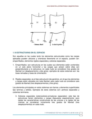 GUIA DIDÁCTICA; ESTRUCTURAS I ARQUITECTURA




1.10 ESTRUCTURAS EN EL ESPACIO
Son aquellas en las cuales tanto los elementos estructurales como las cargas
aplicadas pueden ubicarse y orientarse libremente en el espacio, pueden ser:
emparrillados, elementos rígidos espaciales y celosías espaciales.

1. Emparrillados: son estructuras en las cuales sus elementos están contenidos
   en un solo plano horizontal y las cargas que actúan sobre ellas son
   perpendiculares a la estructura. en cada nudo se consideran tres grados de
   libertad (un desplazamiento y dos giros). ejemplos de estos sistemas son: las
   losas nervadas y losas de cimentación.


2. Rígidos espaciales: es el tipo estructural más genérico, en el que los elementos
   y cargas están ubicados con toda libertad. para cada nudo se consideran seis
   grados de libertad (tres desplazamientos y tres giros).

Los elementos principales en estos sistemas son barras y elementos superficiales
tipo laminas y sólidos. Ejemplos de estos sistemas son: pórticos espaciales y
cubiertas laminares.

   3. Celosías espaciales (esterocelosía-armaduras espaciales): este tipo de
      estructuras tienen elementos y cargas dispuestos espacialmente, pero
      dadas las características constructivas de las uniones y la rigidez de las
      mismas se consideran únicamente tres grados de libertad (tres
      desplazamientos) en cada nudo.



                                       UNIVERSIDAD TÉCNICA PARTICULAR DE LOJA
                                                                                       44
 
