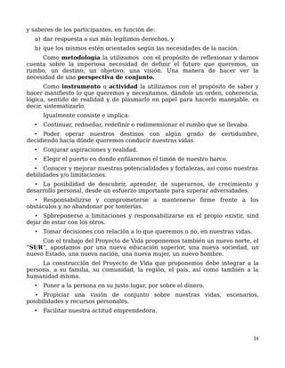 y saberes de los participantes, en función de:
a) dar respuesta a sus más legítimos derechos, y
b) que los mismos estén orientados según las necesidades de la nación.
Como metodología la utilizamos con el propósito de reflexionar y darnos
cuenta sobre la imperiosa necesidad de definir el futuro que queremos, un
rumbo, un destino, un objetivo, una visión. Una manera de hacer ver la
necesidad de una perspectiva de conjunto.
Como instrumento o actividad la utilizamos con el propósito de saber y
hacer manifiesto lo que queremos y necesitamos, dándole un orden, coherencia,
lógica, sentido de realidad y de plasmarlo en papel para hacerlo manejable, es
decir, sistematizarlo.
Igualmente consiste e implica:
• Continuar, rediseñar, redefinir o redimensionar el rumbo que se llevaba.
• Poder operar nuestros destinos con algún grado de certidumbre,
decidiendo hacia dónde queremos conducir nuestras vidas.
• Conjurar aspiraciones y realidad.
• Elegir el puerto en donde enfilaremos el timón de nuestro barco.
• Conocer y mejorar nuestras potencialidades y fortalezas, asi como nuestras
debilidades y/o limitaciones.
• La posibilidad de descubrir, aprender, de superarnos, de crecimiento y
desarrollo personal, desde un esfuerzo importante para superar adversidades.
• Responsabilizrse y comprometerse a mantenerse firme frente a los
obstáculos y no abandonar por tonterías.
• Spbreponerse a limitaciones y responsabilizarse en el propio existir, sind
dejar de estar con los otros.
• Tomar decisiones con relación a lo que queremos o no, en nuestras vidas.
Con el trabajo del Proyecto de Vida proponemos también un nuevo norte, el
“SUR”, apostamos por una nueva educación superior, una nueva sociedad, un
nuevo Estado, una nueva nación, una nueva mujer, un nuevo hombre.
La construcción del Proyecto de Vida que proponemos debe integrar a la
persona, a su familia, su comunidad, la región, el país, así como también a la
humanidad misma.
• Poner a la persona en su justo lugar, por sobre el dinero.
• Propiciar una visión de conjunto sobre nuestras vidas, escenarios,
posibilidades y recursos personales.
• Facilitar nuestra actitud emprendedora.
14
 