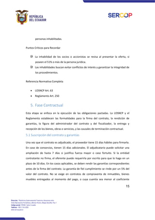 15
personas inhabilitadas.
Puntos Críticos para Recordar
La inhabilidad de los socios o accionistas se revisa al presentar la oferta, si
poseen el 51% o más de la persona jurídica.
Las inhabilidades buscan evitar conflictos de interés y garantizar la integridad de
los procedimientos.
Referencia Normativa Completa
• LOSNCP Art. 63
• Reglamento Art. 250
5. Fase Contractual
Esta etapa se enfoca en la ejecución de las obligaciones pactadas. La LOSNCP y el
Reglamento establecen las formalidades para la firma del contrato, la rendición de
garantías, la figura del administrador del contrato y del fiscalizador, la entrega y
recepción de los bienes, obras o servicios, y las causales de terminación contractual.
5.1 Suscripción del contrato y garantías
Una vez que el contrato es adjudicado, el proveedor tiene 15 días hábiles para firmarlo.
En caso de consorcios, tienen 15 días adicionales. El adjudicatario puede solicitar una
ampliación de hasta 7 días si justifica fuerza mayor o caso fortuito. Si la entidad
contratante no firma, el oferente puede requerirla por escrito para que lo haga en un
plazo de 10 días. En los casos aplicables, se deben rendir las garantías correspondientes
antes de la firma del contrato. La garantía de fiel cumplimiento se rinde por un 5% del
valor del contrato. No se exige en contratos de compraventa de inmuebles, bienes
muebles entregados al momento del pago, o cuya cuantía sea menor al coeficiente
 