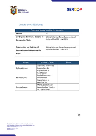 25
Cuadro de validaciones
Cuadro de versión y validación normativa
Versión 2.0
Ley Orgánica del Sistema Nacional de
Contratación Pública
Última Reforma: Tercer Suplemento del
Registro Oficial 68, 26-VI-2025
Reglamento a Ley Orgánica del
Sistema Nacional de Contratación
Pública
Última Reforma: Tercer Suplemento del
Registro Oficial 87, 23-VII-2025
Acción Nombre / Cargo Firma
Elaborado por:
Alexandra Valladares
Especialista de
Capacitación y
Certificación
Revisado por:
Paola Maldonado
Directora de
Capacitación y
Certificación
Aprobado por:
María José Carvajal
Coordinadora Técnica
de Operaciones
Firmado electrónicamente por:
ALEXANDRA DEL
CARMEN VALLADARES
CIFUENTES
Validar únicamente con FirmaEC
Firmado electrónicamente por:
PAOLA VIVIANA
MALDONADO MUNOZ
Validar únicamente con FirmaEC
Firmado electrónicamente por:
MARIA JOSE CARVAJAL
AYALA
Validar únicamente con FirmaEC
 