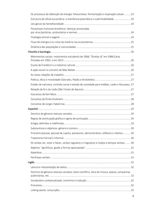 Os processos de obtenção de energia: fotossíntese, fermentação e respiração celular ......... 23
Estrutura de célula eucariótica: a membrana plasmática e a permeabilidade........................ 24
Leis gerais da hereditariedade ............................................................................................. 24
Parasitoses humanas brasileiras: doenças provocadas
por vírus,bactérias, protozoários e vermes ........................................................................... 24
Fisiologia animal e vegetal ................................................................................................... 24
Fluxo de energia e os ciclos da matéria nos ecossistemas ..................................................... 25
Dinâmica das populações e comunidades ............................................................................ 25
Filosofia e Sociologia ................................................................................................................ 26
Movimentos sociais: movimentos estudantis de 1968, "Diretas Já" em 1984,Caras
Pintadas em 1992, e em 2013 .............................................................................................. 26
Escola de Frankfurt e a indústria cultural.............................................................................. 26
A ação social no conceito de Max Weber ............................................................................. 26
As novas relações de trabalho. ............................................................................................. 27
Política, ética e moralidade (Sócrates, Platão e Aristóteles) .................................................. 27
Estado de natureza, contrato social e estado de sociedade para Hobbes, Locke e Rousseau . 27
Relação da fé e da razão (São Tomás de Aquino) .................................................................. 27
Conceitos de Karl Marx ........................................................................................................ 27
Conceitos de Émile Durkheim .............................................................................................. 28
Conceitos de Jürgen Habermas ............................................................................................ 28
Espanhol ................................................................................................................................. 29
Domínio de gêneros textuais variados.................................................................................. 29
Regras de acentuação gráfica e signos de pontuação ........................................................... 29
Artigos definidos e indefinidos ............................................................................................. 29
Substantivos e adjetivos: gênero e número .......................................................................... 30
Pronome pessoal, pessoal de sujeito, possessivo, demonstrativo, reflexivo e relativo ........... 30
Tratamento formal e informal.............................................................................................. 30
Os verbos ser, estar e haver, verbos regulares e irregulares e modos e tempos verbais ........ 30
Adjetivo: "gentílicos, grado y formas apocopadas" ............................................................... 31
Advérbios ............................................................................................................................ 31
Perífrases verbais ................................................................................................................ 31
Inglês ...................................................................................................................................... 32
Leitura e interpretação de textos ......................................................................................... 32
Domínio de gêneros textuais variados: texto científico, letra de música, poesia, campanhas
publicitárias, etc. ................................................................................................................. 32
Vocabulário contextualizado: sinonímia e tradução .............................................................. 32
Pronomes............................................................................................................................ 32
Linking words: conjunções ................................................................................................... 33

4

 