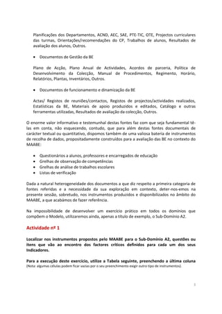 3
Planificações dos Departamentos, ACND, AEC, SAE, PTE-TIC, OTE, Projectos curriculares
das turmas, Orientações/recomendações do CP, Trabalhos de alunos, Resultados de
avaliação dos alunos, Outros.
 Documentos de Gestão da BE
Plano de Acção, Plano Anual de Actividades, Acordos de parceria, Política de
Desenvolvimento da Colecção, Manual de Procedimentos, Regimento, Horário,
Relatórios, Plantas, Inventários, Outros.
 Documentos de funcionamento e dinamização da BE
Actas/ Registos de reuniões/contactos, Registos de projectos/actividades realizados,
Estatísticas da BE, Materiais de apoio produzidos e editados, Catálogo e outras
ferramentas utilizadas, Resultados de avaliação da colecção, Outros.
O enorme valor informativo e testemunhal destas fontes faz com que seja fundamental tê-
las em conta, não esquecendo, contudo, que para além destas fontes documentais de
carácter textual ou quantitativo, dispomos também de uma valiosa bateria de instrumentos
de recolha de dados, propositadamente construídos para a avaliação das BE no contexto do
MAABE:
 Questionários a alunos, professores e encarregados de educação
 Grelhas de observação de competências
 Grelhas de análise de trabalhos escolares
 Listas de verificação
Dada a natural heterogeneidade dos documentos a que diz respeito a primeira categoria de
fontes referidas e a necessidade da sua exploração em contexto, deter-nos-emos na
presente sessão, sobretudo, nos instrumentos produzidos e disponibilizados no âmbito do
MAABE, a que acabámos de fazer referência.
Na impossibilidade de desenvolver um exercício prático em todos os domínios que
compõem o Modelo, utilizaremos ainda, apenas a título de exemplo, o Sub-Domínio A2.
Actividade nº 1
Localizar nos instrumentos propostos pelo MAABE para o Sub-Domínio A2, questões ou
itens que vão ao encontro dos factores críticos definidos para cada um dos seus
Indicadores.
Para a execução deste exercício, utilize a Tabela seguinte, preenchendo a última coluna
(Nota: algumas células podem ficar vazias por o seu preenchimento exigir outro tipo de instrumentos).
 