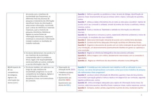 8
de acordo com o nível/ano de
escolaridade que frequentam, as
diferentes fases do processo de
pesquisa e tratamento de informação:
identificam fontes de informação e
seleccionam informação, recorrendo
quer a obras de referência e materiais
impressos, quer a motores de
pesquisa, directórios, bibliotecas
digitais ou outras fontes de
informação electrónicas, organizam,
sintetizam e comunicam a informação
tratada e avaliam os resultados do
trabalho realizado.
Questão 1 - Define a questão ou problema a tratar, através de diálogo, identificação de
palavras-chave, levantamento do que já conhece sobre o tópico, colocação de questões,
outros.
Questão 7 - Utiliza os dados informativos de um texto ou obra para a escolher/ rejeitar de
acordo com o seu conteúdo e utilidade, através da análise dos títulos e subtítulos, índices,
resumos, outros.
Questão 8 - Avalia a relevância, fiabilidade e validade da informação nos diferentes
recursos.
Questão 11 - Apresenta e comunica a outros, explorando diferentes ambientes e meios de
comunicação, os resultados dos seus trabalhos.
Questão 2 - Selecciona informação relevante de acordo com a tarefa/ tema abordado.
Questão 3 - Combina de forma adequada informação recolhida em diferentes fontes.
Questão 9 - Organiza o documento de acordo com um índice ordenado de que fazem parte
uma introdução, um desenvolvimento (eventualmente dividido em partes ou capítulos) e
uma conclusão.
 Os alunos demonstram, de acordo c/ o
seu nível/ano de escolaridade,
compreensão sobre os problemas
éticos, legais e de responsabilidade
social associados ao acesso, avaliação
e uso da informação e das TIC.
Questão 6 - Regista as referências bibliográficas dos documentos utilizados.
Questão 8 - Utiliza imagens com critério, devidamente relacionadas com os conteúdos e
legendadas.
Questão 11 - Regista as referências dos documentos utilizados numa bibliografia.
A.2.4 Impacto da
BE nas
competências
tecnológicas,
digitais e de
informação dos
alunos (cont.)
 Os alunos revelam, em cada ano e ao
longo de cada nível/ano de
escolaridade, progressos no uso de
competências tecnológicas, digitais e
de informação nas diferentes
disciplinas e áreas curriculares/áreas
de conteúdo.
 Observação de
utilização da BE (GO2).
 Trabalhos escolares
dos alunos (T1).
 Questionário aos
docentes (QD1).
Questionário aos
alunos da (QA1).
Questão 9 – À medida que vais realizando mais trabalhos na BE ou utilizando os seus
recursos, nas várias disciplinas/áreas curriculares, achas que os teus trabalhos de pesquisa
vão melhorando e fazes progressos?
Questão 9 - Localiza e extrai informação de diferentes suportes e tipos de documentos,
recorrendo à percepção global e à leitura rápida e em diagonal do seu conteúdo, seguindo
ligações preferenciais, outros.
Questão 10 - Utiliza estratégias adequadas para registo de informação (toma notas, faz
resumos, selecciona excertos, identifica frases e palavras-chave, realiza esquemas, outros).
Questão 5 - Compara, avalia e produz argumentos e pontos de vista, revelando espírito
crítico.
 