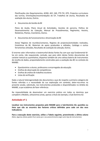 Planificações dos Departamentos, ACND, AEC, SAE, PTE-TIC, OTE, Projectos curriculares
das turmas, Orientações/recomendações do CP, Trabalhos de alunos, Resultados de
avaliação dos alunos, Outros.
• Documentos de Gestão da BE
Plano de Acção, Plano Anual de Actividades, Acordos de parceria, Política de
Desenvolvimento da Colecção, Manual de Procedimentos, Regimento, Horário,
Relatórios, Plantas, Inventários, Outros.
• Documentos de funcionamento e dinamização da BE
Actas/ Registos de reuniões/contactos, Registos de projectos/actividades realizados,
Estatísticas da BE, Materiais de apoio produzidos e editados, Catálogo e outras
ferramentas utilizadas, Resultados de avaliação da colecção, Outros.
O enorme valor informativo e testemunhal destas fontes faz com que seja fundamental tê-
las em conta, não esquecendo, contudo, que para além destas fontes documentais de
carácter textual ou quantitativo, dispomos também de uma valiosa bateria de instrumentos
de recolha de dados, propositadamente construídos para a avaliação das BE no contexto do
MAABE:
• Questionários a alunos, professores e encarregados de educação
• Grelhas de observação de competências
• Grelhas de análise de trabalhos escolares
• Listas de verificação
Dada a natural heterogeneidade dos documentos a que diz respeito a primeira categoria de
fontes referidas e a necessidade da sua exploração em contexto, deter-nos-emos na
presente sessão, sobretudo, nos instrumentos produzidos e disponibilizados no âmbito do
MAABE, a que acabámos de fazer referência.
Na impossibilidade de desenvolver um exercício prático em todos os domínios que
compõem o Modelo, utilizaremos ainda, apenas a título de exemplo, o Sub-Domínio A2.
Actividade nº 1
Localizar nos instrumentos propostos pelo MAABE para o Sub-Domínio A2, questões ou
itens que vão ao encontro dos factores críticos definidos para cada um dos seus
Indicadores.
Para a execução deste exercício, utilize a Tabela seguinte, preenchendo a última coluna
(Nota: algumas células podem ficar vazias por o seu preenchimento exigir outro tipo de instrumentos).
3
 