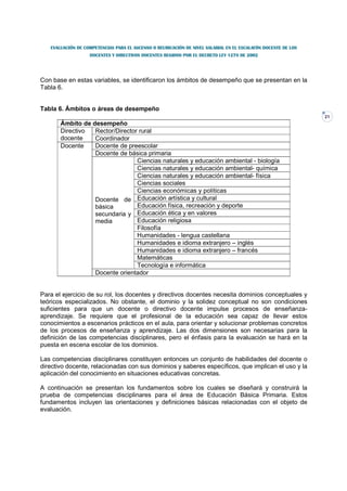 EVALUACIÓN DE COMPETENCIAS PARA EL ASCENSO O REUBICACIÓN DE NIVEL SALARIAL EN EL ESCALAFÓN DOCENTE DE LOS
                   DOCENTES Y DIRECTIVOS DOCENTES REGIDOS POR EL DECRETO LEY 1278 DE 2002




Con base en estas variables, se identificaron los ámbitos de desempeño que se presentan en la
Tabla 6.


Tabla 6. Ámbitos o áreas de desempeño
                                                                                                               21
       Ámbito de desempeño
       Directivo  Rector/Director rural
       docente    Coordinador
       Docente    Docente de preescolar
                  Docente de básica primaria
                                 Ciencias naturales y educación ambiental - biología
                                 Ciencias naturales y educación ambiental- química
                                 Ciencias naturales y educación ambiental- física
                                 Ciencias sociales
                                 Ciencias económicas y políticas
                  Docente de Educación artística y cultural
                  básica         Educación física, recreación y deporte
                  secundaria y Educación ética y en valores
                  media          Educación religiosa
                                 Filosofía
                                 Humanidades - lengua castellana
                                 Humanidades e idioma extranjero – inglés
                                 Humanidades e idioma extranjero – francés
                                 Matemáticas
                                 Tecnología e informática
                  Docente orientador


Para el ejercicio de su rol, los docentes y directivos docentes necesita dominios conceptuales y
teóricos especializados. No obstante, el dominio y la solidez conceptual no son condiciones
suficientes para que un docente o directivo docente impulse procesos de enseñanza-
aprendizaje. Se requiere que el profesional de la educación sea capaz de llevar estos
conocimientos a escenarios prácticos en el aula, para orientar y solucionar problemas concretos
de los procesos de enseñanza y aprendizaje. Las dos dimensiones son necesarias para la
definición de las competencias disciplinares, pero el énfasis para la evaluación se hará en la
puesta en escena escolar de los dominios.

Las competencias disciplinares constituyen entonces un conjunto de habilidades del docente o
directivo docente, relacionadas con sus dominios y saberes específicos, que implican el uso y la
aplicación del conocimiento en situaciones educativas concretas.

A continuación se presentan los fundamentos sobre los cuales se diseñará y construirá la
prueba de competencias disciplinares para el área de Educación Básica Primaria. Estos
fundamentos incluyen las orientaciones y definiciones básicas relacionadas con el objeto de
evaluación.
 