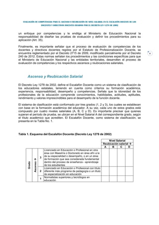 EVALUACIÓN DE COMPETENCIAS PARA EL ASCENSO O REUBICACIÓN DE NIVEL SALARIAL EN EL ESCALAFÓN DOCENTE DE LOS
                         DOCENTES Y DIRECTIVOS DOCENTES REGIDOS POR EL DECRETO LEY 1278 DE 2002



un enfoque por competencias y le endilga al Ministerio de Educación Nacional la
responsabilidad de diseñar las pruebas de evaluación y definir los procedimientos para su
aplicación (Art. 35).

Finalmente, es importante señalar que el proceso de evaluación de competencias de los
docentes y directivos docentes regidos por el Estatuto de Profesionalización Docente, se
encuentra reglamentado por el Decreto 2715 de 2009, modificado parcialmente por el Decreto                     4
240 de 2012. Estas normas señalan los procedimientos y las condiciones específicas para que
el Ministerio de Educación Nacional y las entidades territoriales, desarrollen el proceso de
evaluación de competencias y los respectivos ascensos y reubicaciones salariales.



       Ascenso y Reubicación Salarial

El Decreto Ley 1278 de 2002, define el Escalafón Docente como un sistema de clasificación de
los educadores estatales, teniendo en cuenta como criterios su formación académica,
experiencia, responsabilidad, desempeño y competencias. Señala que la idoneidad de los
profesionales de la educación comprende conocimientos, habilidades, actitudes, aptitudes,
rendimiento y valores imprescindibles para el desempeño de la función docente.

El sistema de clasificación está conformado por tres grados (1, 2 y 3), los cuales se establecen
con base en la formación académica del educador. A su vez, cada uno de estos grados está
compuesto por cuatro niveles salariales (A, B, C y D). Es importante precisar que quienes
superan el período de prueba, se ubican en el Nivel Salarial A del correspondiente grado, según
el título académico que acrediten. El Escalafón Docente, como sistema de clasificación, se
presenta en la Tabla No. 1.



Tabla 1. Esquema del Escalafón Docente (Decreto Ley 1278 de 2002)

                                                                                     Nivel Salarial
                                                                                 Reubicación salarial
                                                                                  A    B      C       D
                             Licenciado en Educación o Profesional en otra
                             área con Maestría o Doctorado en área afín a la
                             de su especialidad o desempeño, o en un área
                         3
                             de formación que sea considerada fundamental
                             dentro del proceso de enseñanza - aprendizaje
       Grado

               Ascenso




                             de los estudiantes
                             Licenciado en Educación o Profesional con título
                         2   diferente más programa de pedagogía o un título
                             de especialización en educación
                             Normalistas superiores y tecnólogos en
                         1
                             educación
 