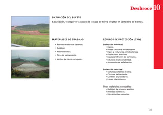 133
MATERIALES DE TRABAJO
• Retroexcavadora de cadenas.
• Buldózer.
• Motoniveladora.
• Cinta de balizamiento.
• Varillas de hierro corrugado.
EQUIPOS DE PROTECCIÓN (EPIs)
Protección individual:
• Casco.
• Botas con suela antideslizante.
• Fajas y cinturones antivibratorios.
• Protectores auditivos.
• Equipos filtrantes de partículas.
• Chaleco de alta visibilidad.
• Accesorios de señalización.
Protección colectiva:
• Señales portátiles de obra.
• Cinta de balizamiento.
• Carteles anunciadores.
• Luces intermitentes.
Otros materiales aconsejables:
• Botiquín de primeros auxilios.
• Bebidas isotónicas.
• Herramientas manuales.
Desbroce 10
DEFINICIÓN DEL PUESTO
Excavación, transporte y acopio de la capa de tierra vegetal en vertedero de tierras.
 