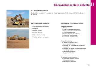 MATERIALES DE TRABAJO
• Retroexcavadora de cadenas.
• Buldózer.
• Martillo picador.
• Camión de obra.
• Cinta de balizamiento.
• Varillas de hierro corrugado.
EQUIPOS DE PROTECCIÓN (EPIs)
Protección individual:
• Casco.
• Botas con suela antideslizante.
• Fajas y cinturones antivibratorios.
• Protectores auditivos.
• Equipos filtrantes de partículas.
• Chaleco de alta visibilidad.
• Accesorios de señalización.
Protección colectiva:
• Señales portátiles de obra.
• Cinta de balizamiento.
• Mantener los accesos al tajo con anchura
suficiente.
• Mantener los taludes con la inclinación que
marca el proyecto
• Carteles anunciadores.
• Luces intermitentes.
Otros materiales aconsejables:
• Botiquín de primeros auxilios.
• Bebidas isotónicas.
• Herramientas manuales.
Excavación a cielo abierto 11
DEFINICIÓN DEL PUESTO
Excavación, transporte y acopio del material procedente de excavación en vertedero
de tierras.
141
 