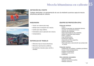 MAQUINARIA
• Tractor con cisterna para riego.
• Dúmper para el transporte de la mezcla.
• Camión para riego asfáltico.
• Extendedora para la aplicación de la mezcla.
• Compactadores.
MATERIALES DE TRABAJO
• Diferentes tipos de mezcla bituminosa.
• Diferentes imprimaciones asfálticas.
• Herramientas manuales (pala, rastrillo y
escobas).
EQUIPOS DE PROTECCIÓN (EPIs)
Protección individual:
• Casco.
• Botas de seguridad con aislamiento térmico.
• Guantes con aislamiento térmico.
• Ropa de alta visibilidad.
• Ropa impermeable de alta visibilidad.
• Botas de seguridad impermeables.
• Petos y polainas.
• Faja antivibraciones.
• Protectores auditivos.
• Mascarillas de filtro específico.
• Gafas de protección.
• Ropa adecuada a cada estación que proteja todo
el cuerpo.
Protección colectiva:
• Señalización vial (señales y semáforos portátiles).
• Conos y Cinta de balizamiento.
• Equipos de iluminación.
• Vallado y protecciones.
• Señalistas.
Otros materiales aconsejables:
• Intercomunicador.
• Botiquín de primeros auxilios.
• Bebidas isotónicas.
Mezcla bituminosa en caliente 15
DEFINICIÓN DEL PUESTO
Trabajos destinados a la pavimentación de una vía mediante sucesivas capas de mezcla
bituminosa aplicada en caliente.
177
 