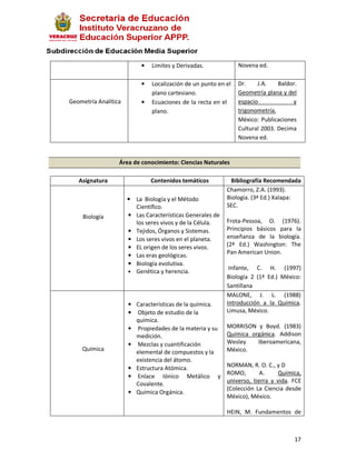 •   Limites y Derivadas.             Novena ed.

                           •   Localización de un punto en el   Dr.    J.A.    Baldor.
                               plano cartesiano.                Geometría plana y del
Geometría Analítica        •   Ecuaciones de la recta en el     espacio             y
                               plano.                           trigonometría.
                                                                México: Publicaciones
                                                                Cultural 2003. Decima
                                                                Novena ed.


                  Área de conocimiento: Ciencias Naturales

   Asignatura                  Contenidos temáticos         Bibliografía Recomendada
                                                           Chamorro, Z.A. (1993).
                      • La Biología y el Método            Biología. (3ª Ed.) Xalapa:
                        Científico.                        SEC.
     Biología         • Las Características Generales de
                        los seres vivos y de la Célula.    Frota-Pessoa, O. (1976).
                      • Tejidos, Órganos y Sistemas.       Principios básicos para la
                      • Los seres vivos en el planeta.     enseñanza de la biología.
                      • EL origen de los seres vivos.      (2ª Ed.) Washington: The
                                                           Pan American Union.
                      • Las eras geológicas.
                      • Biología evolutiva.
                                                            Infante, C. H. (1997)
                      • Genética y herencia.
                                                           Biología 2 (1ª Ed.) México:
                                                           Santillana
                                                           MALONE, J. L. (1988)
                      • Características de la química.     Introducción a la Química.
                      • Objeto de estudio de la            Limusa, México.
                        química.
                      • Propiedades de la materia y su     MORRISON y Boyd. (1983)
                        medición.                          Química orgánica. Addison
                      • Mezclas y cuantificación           Wesley    Iberoamericana,
    Química                                                México.
                        elemental de compuestos y la
                        existencia del átomo.
                      • Estructura Atómica.                NORMAN, R. O. C., y D
                                                           ROMO,        A.     Química,
                      • Enlace Iónico Metálico y
                                                           universo, tierra y vida. FCE
                        Covalente.
                                                           (Colección La Ciencia desde
                      • Química Orgánica.
                                                           México), México.

                                                           HEIN, M. Fundamentos de



                                                                                     17
 
