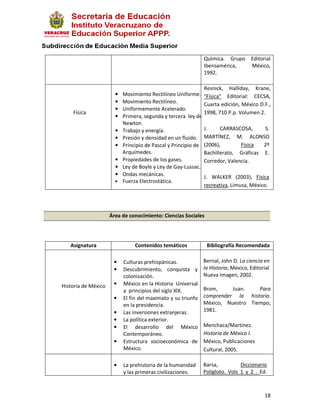 Quìmica. Grupo Editorial
                                                                Iberoamérica,  México,
                                                                1992.

                                                                Resnick, Halliday, Krane,
                       •   Movimiento Rectilíneo Uniforme.      "Física" Editorial: CECSA,
                       •   Movimiento Rectilíneo.               Cuarta edición, México D.F.,
                       •   Uniformemente Acelerado.
    Física                                                      1998, 710 P.p. Volumen 2.
                       •   Primera, segunda y tercera ley de
                           Newton.
                       •   Trabajo y energía.                   J.     CARRASCOSA,     S.
                       •   Presión y densidad en un fluido.     MARTÍNEZ, M. ALONSO
                       •   Principio de Pascal y Principio de   (2006),        Física  2º
                           Arquímedes.                          Bachillerato, Gráficas E.
                       •   Propiedades de los gases.            Corredor, Valencia.
                       •   Ley de Boyle y Ley de Gay-Lussac.
                       •   Ondas mecánicas.                     J. WALKER (2003), Física
                       •   Fuerza Electrostática.
                                                                recreativa, Limusa, México.




                     Área de conocimiento: Ciencias Sociales




   Asignatura                   Contenidos temáticos             Bibliografía Recomendada

                      •    Culturas prehispánicas.              Bernal, John D. La ciencia en
                      •    Descubrimiento, conquista y          la Historia, México, Editorial
                           colonización.                        Nueva Imagen, 2002.
Historia de México    •    México en la Historia Universal
                           a principios del siglo XlX.          Brom,     Juan.    Para
                      •    El fin del maximato y su triunfo     comprender la historia.
                           en la presidencia.                   México, Nuestro Tiempo,
                      •    Las inversiones extranjeras.         1981.
                      •    La política exterior.
                      •    El desarrollo del México             Menchaca/Martínez.
                           Contemporáneo.                       Historia de México I.
                      •    Estructura socioeconómica de         México, Publicaciones
                           México.                              Cultural, 2005.

                      •    La prehistoria de la humanidad       Barsa,          Diccionario
                           y las primeras civilizaciones.       Poligloto. Vols 1 y 2 . Ed.



                                                                                           18
 