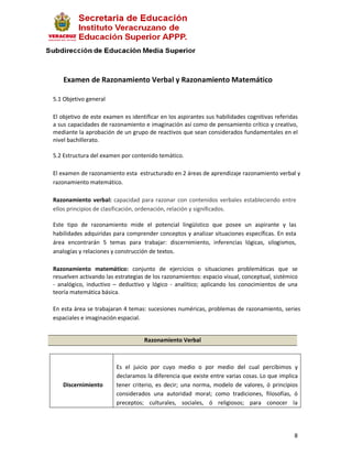 Examen de Razonamiento Verbal y Razonamiento Matemático

5.1 Objetivo general

El objetivo de este examen es identificar en los aspirantes sus habilidades cognitivas referidas
a sus capacidades de razonamiento e imaginación así como de pensamiento crítico y creativo,
mediante la aprobación de un grupo de reactivos que sean considerados fundamentales en el
nivel bachillerato.

5.2 Estructura del examen por contenido temático.

El examen de razonamiento esta estructurado en 2 áreas de aprendizaje razonamiento verbal y
razonamiento matemático.

Razonamiento verbal: capacidad para razonar con contenidos verbales estableciendo entre
ellos principios de clasificación, ordenación, relación y significados.

Este tipo de razonamiento mide el potencial lingüístico que posee un aspirante y las
habilidades adquiridas para comprender conceptos y analizar situaciones específicas. En esta
área encontrarán 5 temas para trabajar: discernimiento, inferencias lógicas, silogismos,
analogías y relaciones y construcción de textos.

Razonamiento matemático: conjunto de ejercicios o situaciones problemáticas que se
resuelven activando las estrategias de los razonamientos: espacio visual, conceptual, sistémico
- analógico, inductivo – deductivo y lógico - analítico; aplicando los conocimientos de una
teoría matemática básica.

En esta área se trabajaran 4 temas: sucesiones numéricas, problemas de razonamiento, series
espaciales e imaginación espacial.


                                   Razonamiento Verbal



                        Es el juicio por cuyo medio o por medio del cual percibimos y
                        declaramos la diferencia que existe entre varias cosas. Lo que implica
   Discernimiento       tener criterio, es decir; una norma, modelo de valores, ó principios
                        considerados una autoridad moral; como tradiciones, filosofías, ó
                        preceptos; culturales, sociales, ó religiosos; para conocer la




                                                                                              8
 