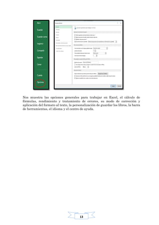 13
Nos muestra las opciones generales para trabajar en Excel, el cálculo de
fórmulas, rendimiento y tratamiento de errores, su modo de corrección y
aplicación del formato al texto, la personalización de guardar los libros, la barra
de herramientas, el idioma y el centro de ayuda.
 