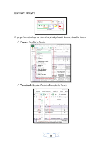 15
SECCIÓN: FUENTE
El grupo fuente incluye los comandos principales del formato de celda fuente.
 Fuente: Cambia la fuente.
 Tamaño de fuente: Cambia el tamaño de fuente.
 