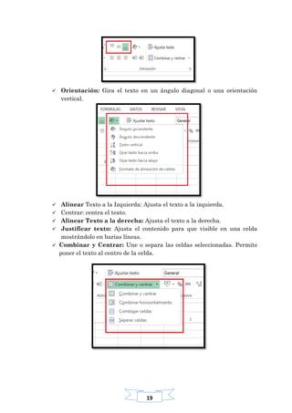 19
 Orientación: Gira el texto en un ángulo diagonal o una orientación
vertical.
 Alinear Texto a la Izquierda: Ajusta el texto a la izquierda.
 Centrar: centra el texto.
 Alinear Texto a la derecha: Ajusta el texto a la derecha.
 Justificar texto: Ajusta el contenido para que visible en una celda
mostrándolo en barias líneas.
 Combinar y Centrar: Une o separa las celdas seleccionadas. Permite
poner el texto al centro de la celda.
 