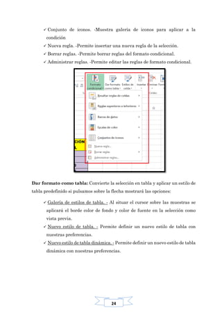 24
 Conjunto de iconos. -Muestra galería de iconos para aplicar a la
condición
 Nueva regla. -Permite insertar una nueva regla de la selección.
 Borrar reglas. -Permite borrar reglas del formato condicional.
 Administrar reglas. -Permite editar las reglas de formato condicional.
Dar formato como tabla: Convierte la selección en tabla y aplicar un estilo de
tabla predefinido si pulsamos sobre la flecha mostrará las opciones:
 Galería de estilos de tabla. - Al situar el cursor sobre las muestras se
aplicará el borde color de fondo y color de fuente en la selección como
vista previa.
 Nuevo estilo de tabla. - Permite definir un nuevo estilo de tabla con
nuestras preferencias.
 Nuevo estilo de tabla dinámica. - Permite definir un nuevo estilo de tabla
dinámica con nuestras preferencias.
 
