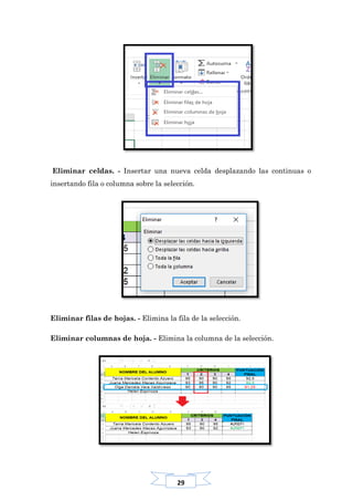 29
Eliminar celdas. - Insertar una nueva celda desplazando las continuas o
insertando fila o columna sobre la selección.
Eliminar filas de hojas. - Elimina la fila de la selección.
Eliminar columnas de hoja. - Elimina la columna de la selección.
 
