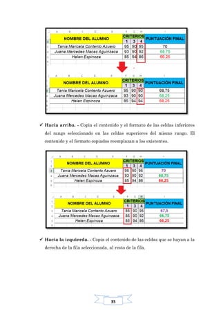 35
 Hacia arriba. - Copia el contenido y el formato de las celdas inferiores
del rango seleccionado en las celdas superiores del mismo rango. El
contenido y el formato copiados reemplazan a los existentes.
 Hacia la izquierda. - Copia el contenido de las celdas que se hayan a la
derecha de la fila seleccionada, al resto de la fila.
 