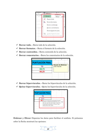 37
 Borrar todo. - Borra todo de la selección.
 Borrar formatos. - Borra el formato de la selección.
 Borrar contenidos. - Borra contenido de la selección.
 Borrar comentarios. - Borra los comentarios de la selección.
 Borrar hipervínculos. - Borra los hipervínculos de la selección.
 Quitar hipervínculos. - Quita los hipervínculos de la selección.
Ordenar y filtrar: Organiza los datos para facilitar el análisis. Si pulsamos
sobre la flecha mostrará las opciones:
 