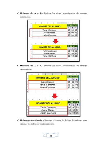 38
 Ordenar de A a Z.- Ordena los datos seleccionados de manera
ascendente.
 Ordenar de Z a A.- Ordena los datos seleccionados de manera
descendente.
 Orden personalizado. - Muestra el cuadro de diálogo de ordenar, para
ordenar los datos por varios criterios.
 
