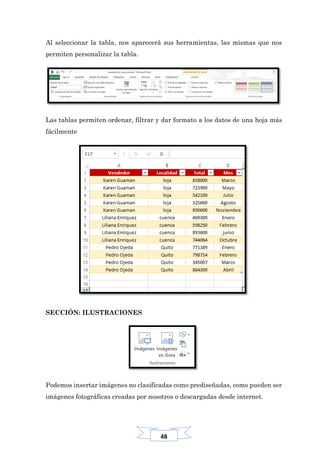 48
Al seleccionar la tabla, nos aparecerá sus herramientas, las mismas que nos
permiten personalizar la tabla.
Las tablas permiten ordenar, filtrar y dar formato a los datos de una hoja más
fácilmente
SECCIÓN: ILUSTRACIONES
Podemos insertar imágenes no clasificadas como prediseñadas, como pueden ser
imágenes fotográficas creadas por nosotros o descargadas desde internet.
 