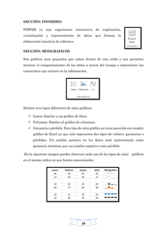 59
SECCIÓN: INFORMES
POWER es una experiencia interactiva de exploración,
visualización y representación de datos que forman la
elaboración intuitiva de informes
SECCIÓN: MINIGRÁFICOS
Son gráficos muy pequeños que caben dentro de una celda y nos permiten
mostrar el comportamiento de los datos a través del tiempo o representar las
variaciones que existen en la información.
Existen tres tipos diferentes de mini gráficos:
 Línea: Similar a un gráfico de línea
 Columna: Similar al gráfico de columnas.
 Ganancia o pérdida: Este tipo de mini gráfico no tiene parecido con ningún
gráfico de Excel ya que solo representa dos tipos de valores: ganancias o
pérdidas. Un cambio positivo en los datos será representado como
ganancia mientras que un cambio negativo como pérdida.
En la siguiente imagen puedes observar cada uno de los tipos de mini gráficos
en el mismo orden en que fueron mencionados:
 